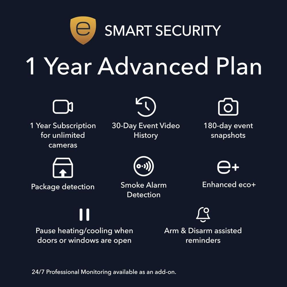 image:imageecobee Smart Security Advanced Plan 1 Year Subscription Unlimited Cameras 30day video history person detection package detection Security Surveillance and Monitoring Home Security Arm and Disarm Cancel Anytime